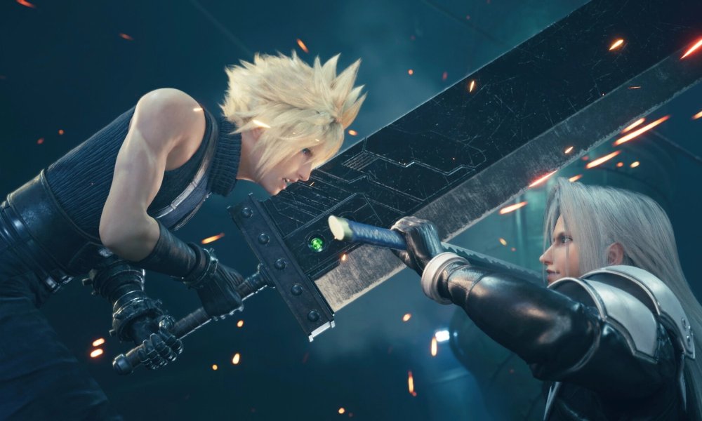 Cloud and Sephiroth fighting.