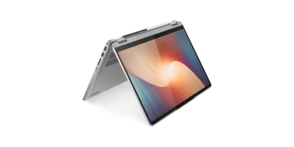 The Lenovo IdeaPad Flex 5 in tent mode on a white background.