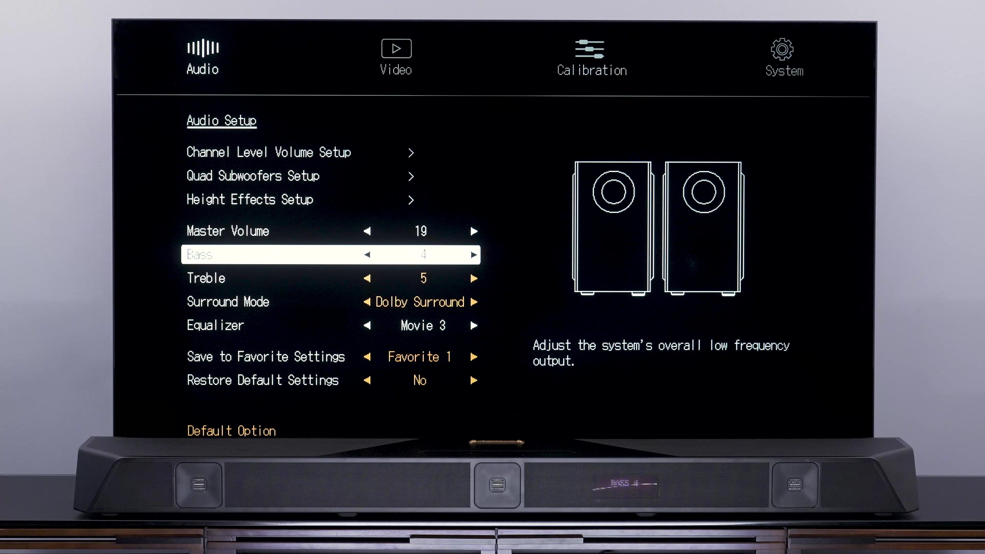 The Nakamichi Dragon Surround System menu option for bass adjustment.