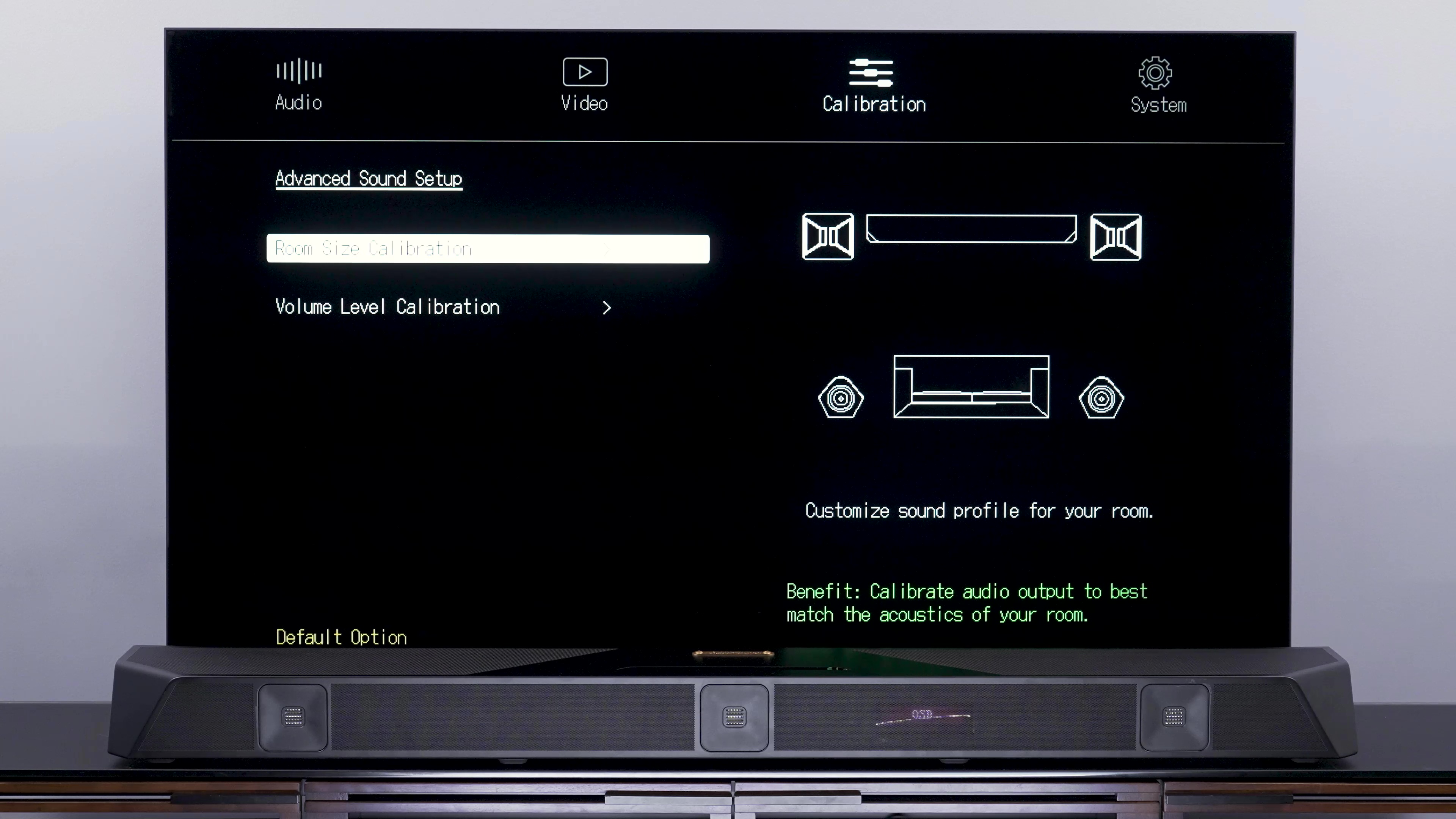 The Nakamichi Dragon Surround System menu for room size calibration.