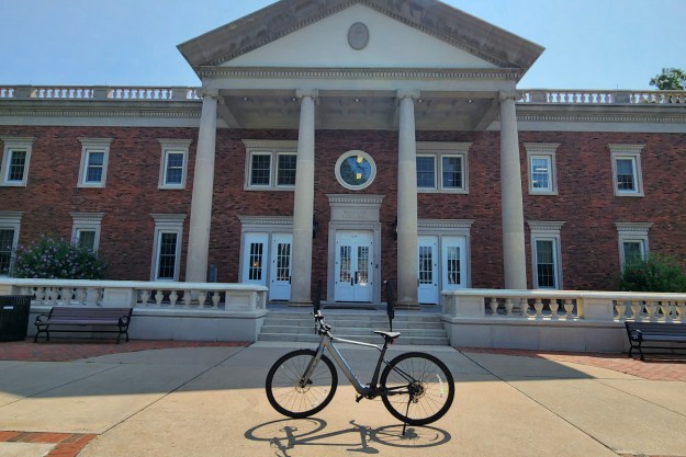 Velotric T1 parked in front of a Federal style New England town hall