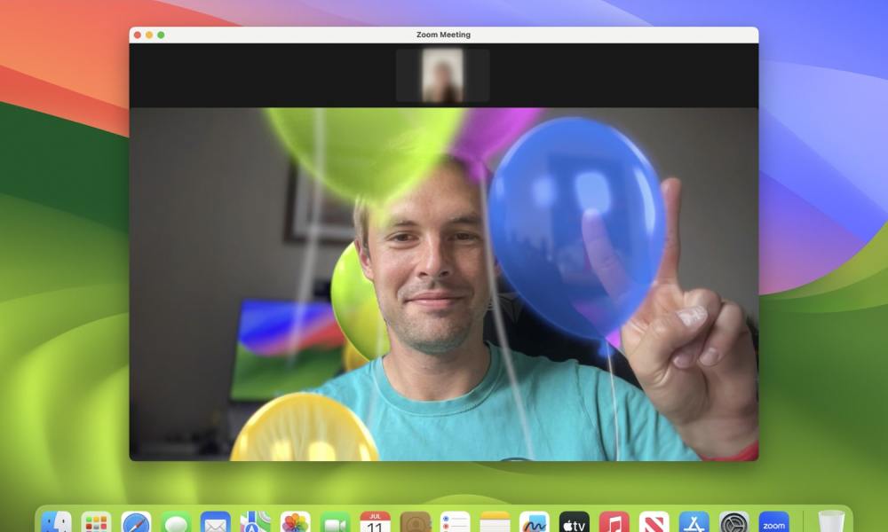 Video reactions in macOS Sonoma, with the balloons effect in use.