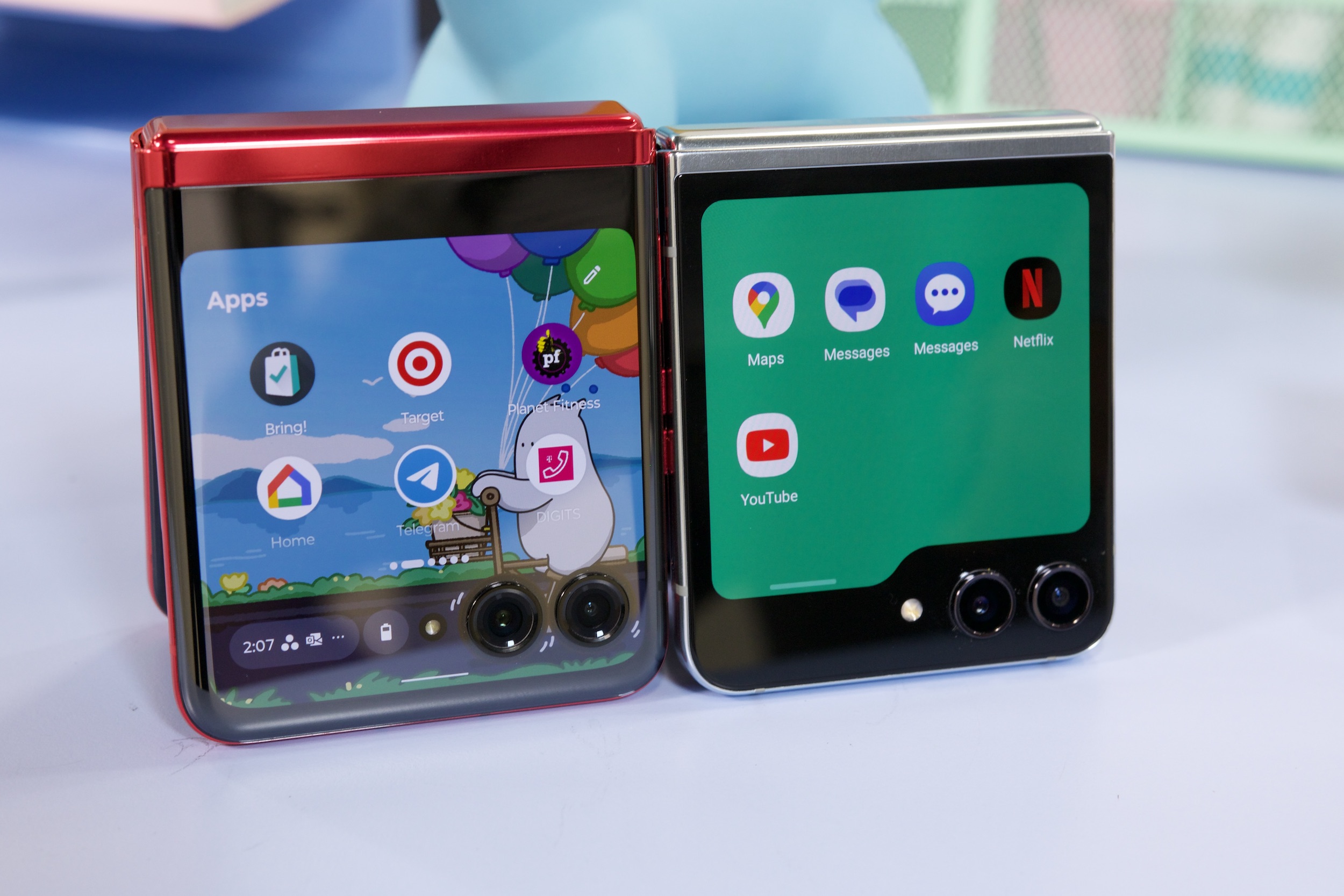 Samsung Galaxy Z Flip 5 next to the Motorola Razr Plus.