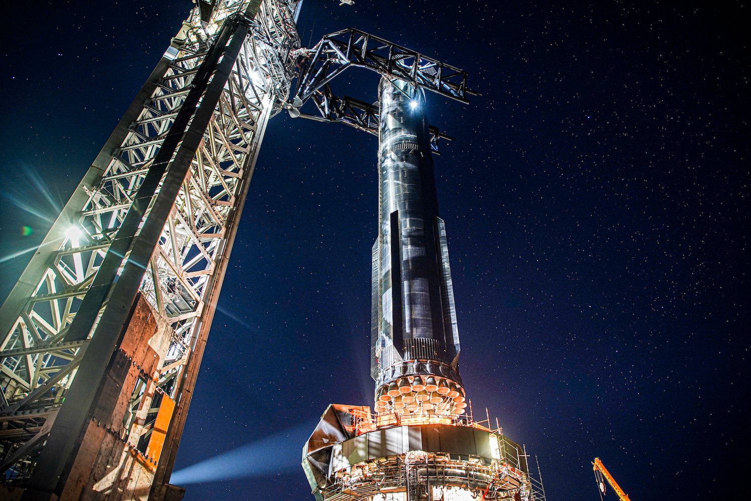 A Super Heavy booster on the launchpad at SpaceX's site in Texas.