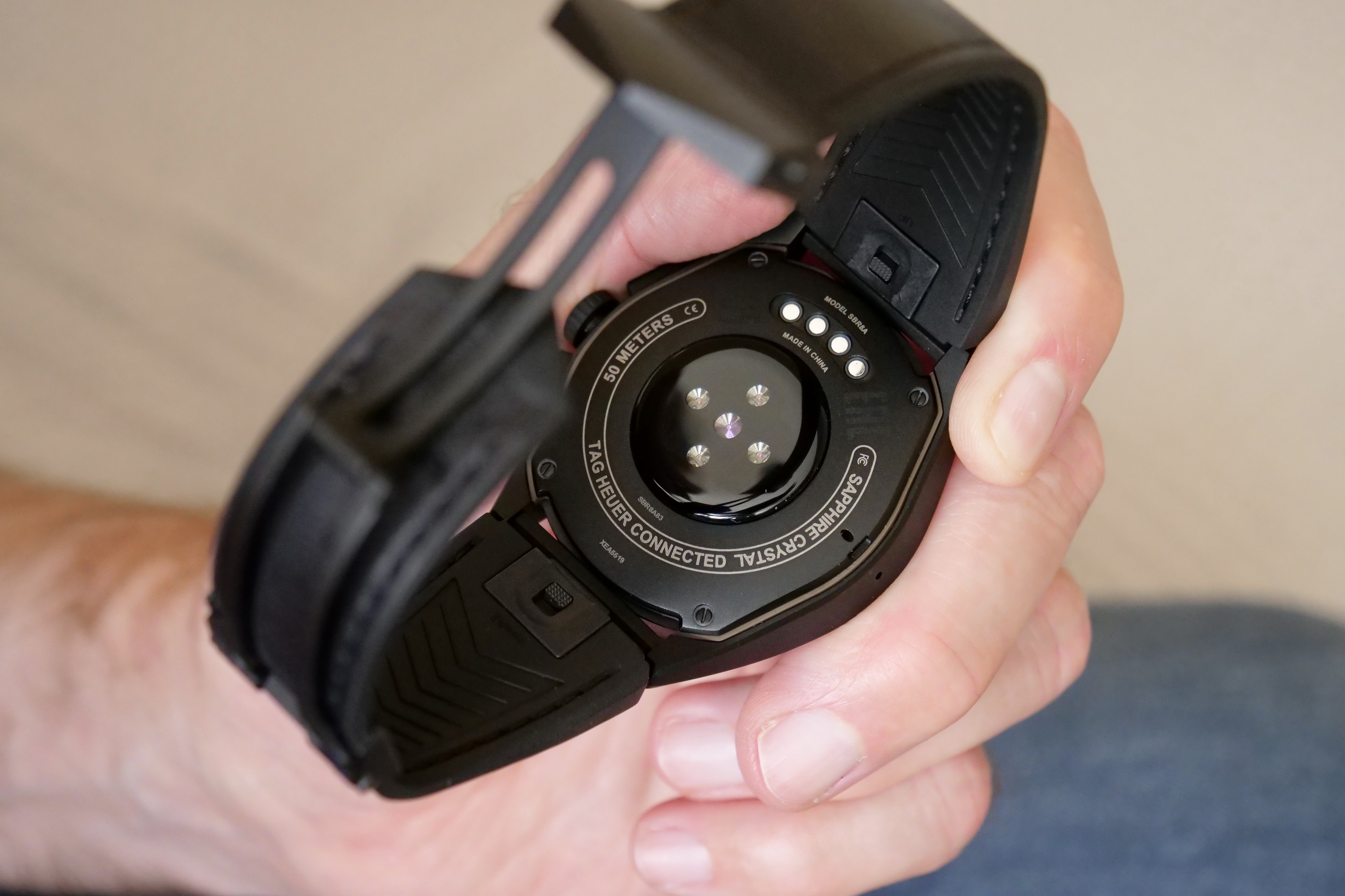 The heart rate sensor on the back of the Tag Heuer Connected Calibre E4 Bright Black Edition.