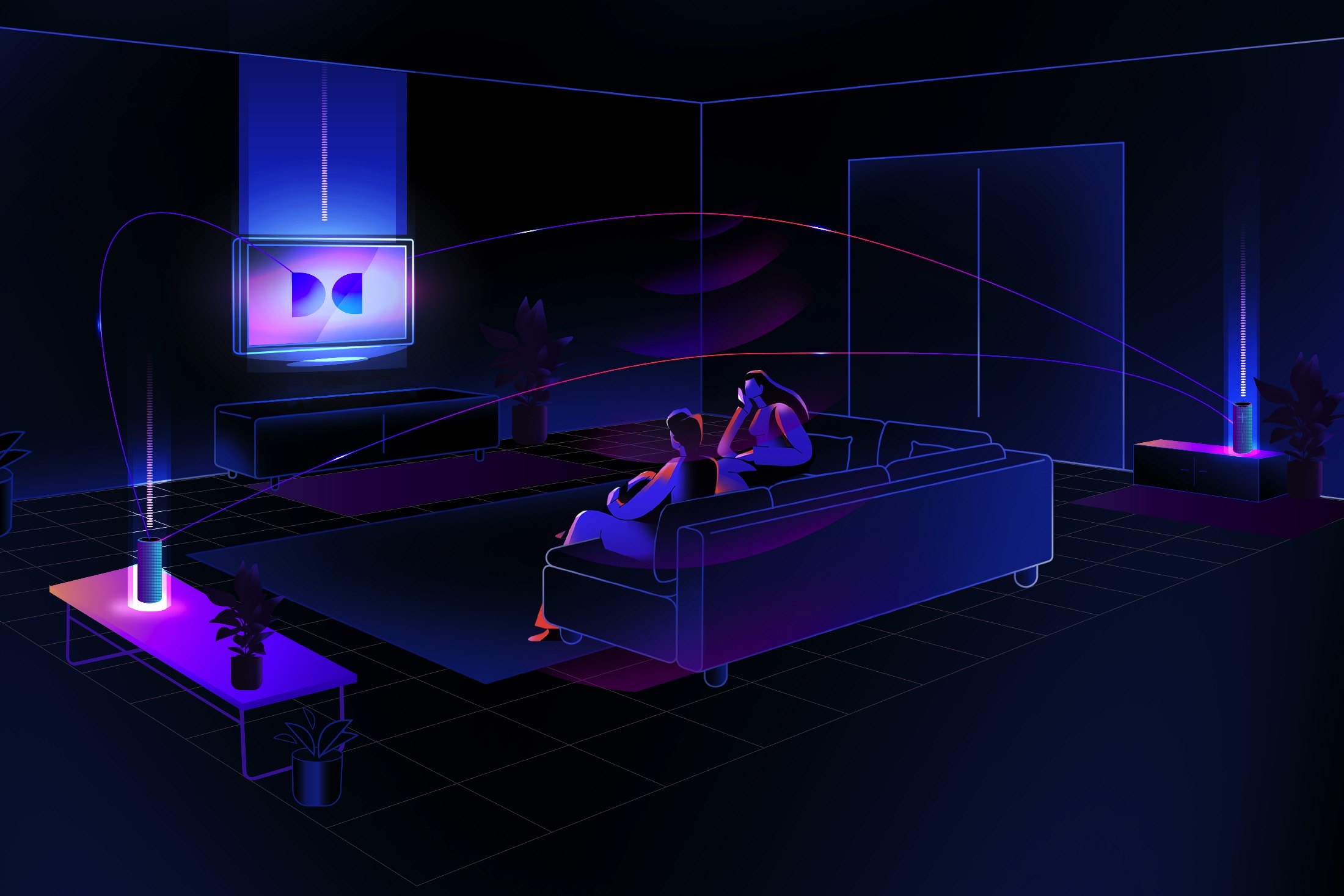 A diagram showing how Dolby Atmos FlexConnect combines wireless speakers with a TV's sound system.