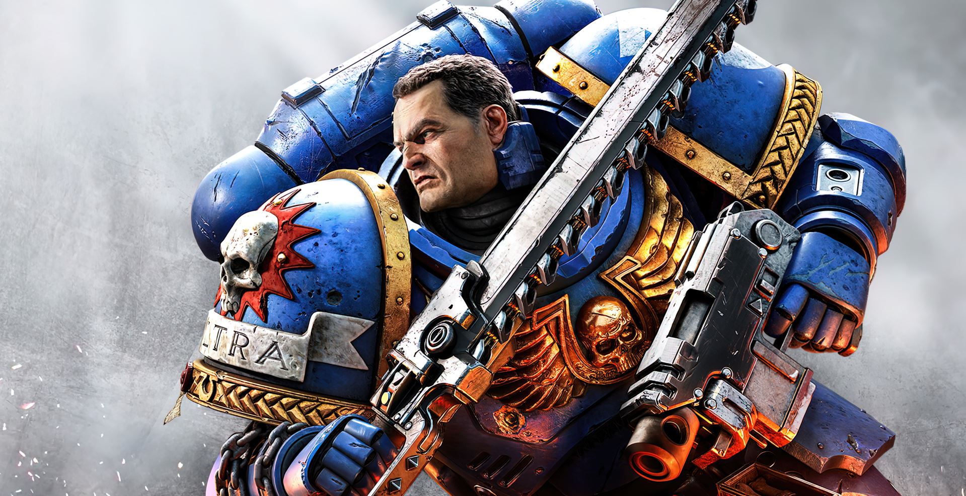 Key art for Warhammer 40,000: Space Marine 2 featuring Titus holding a sword and ready for battle in blue armor.