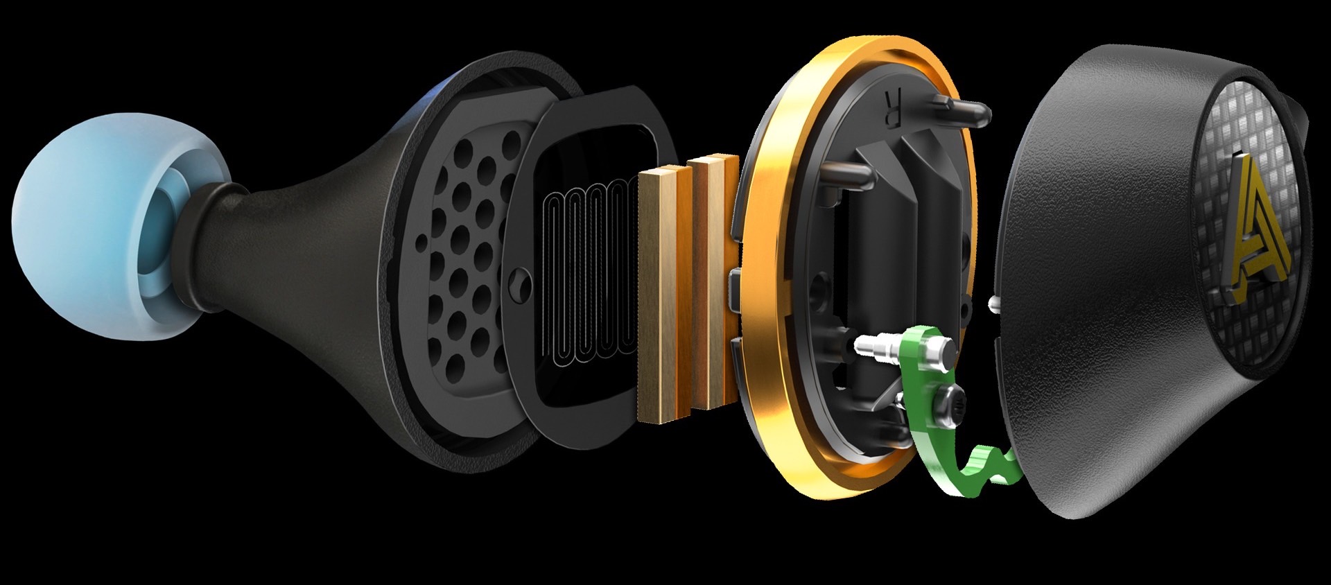 An exploded diagram of the Audeze Euclid planar magnetic in-ear monitor.