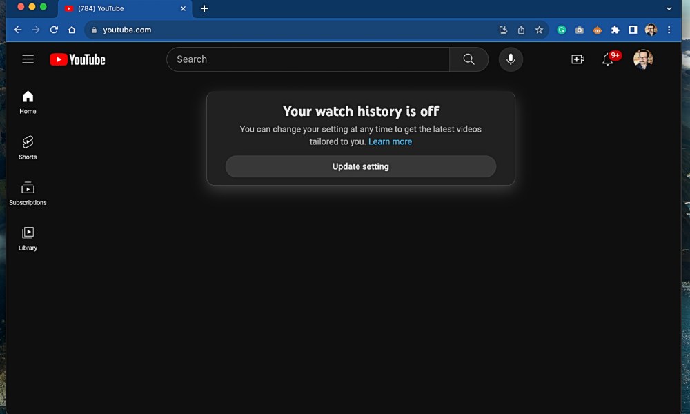 How to turn off YouTube search history – screen showing the history is off.