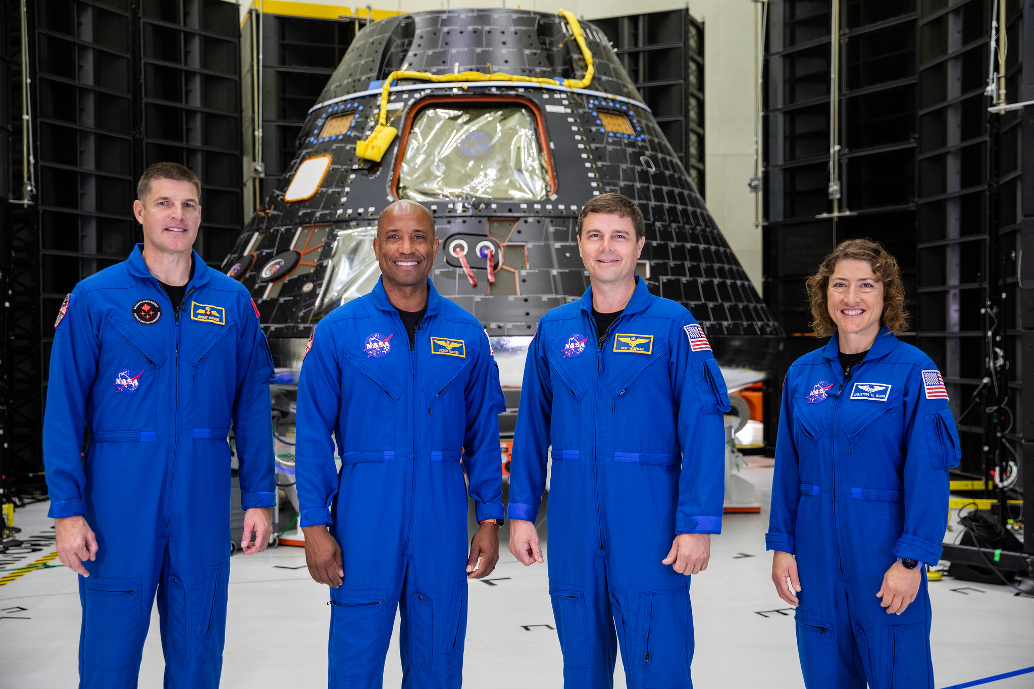 Artemis II crew members, shown inside the Neil Armstrong Operations and Checkout Building at NASA’s Kennedy Space Center in Fl