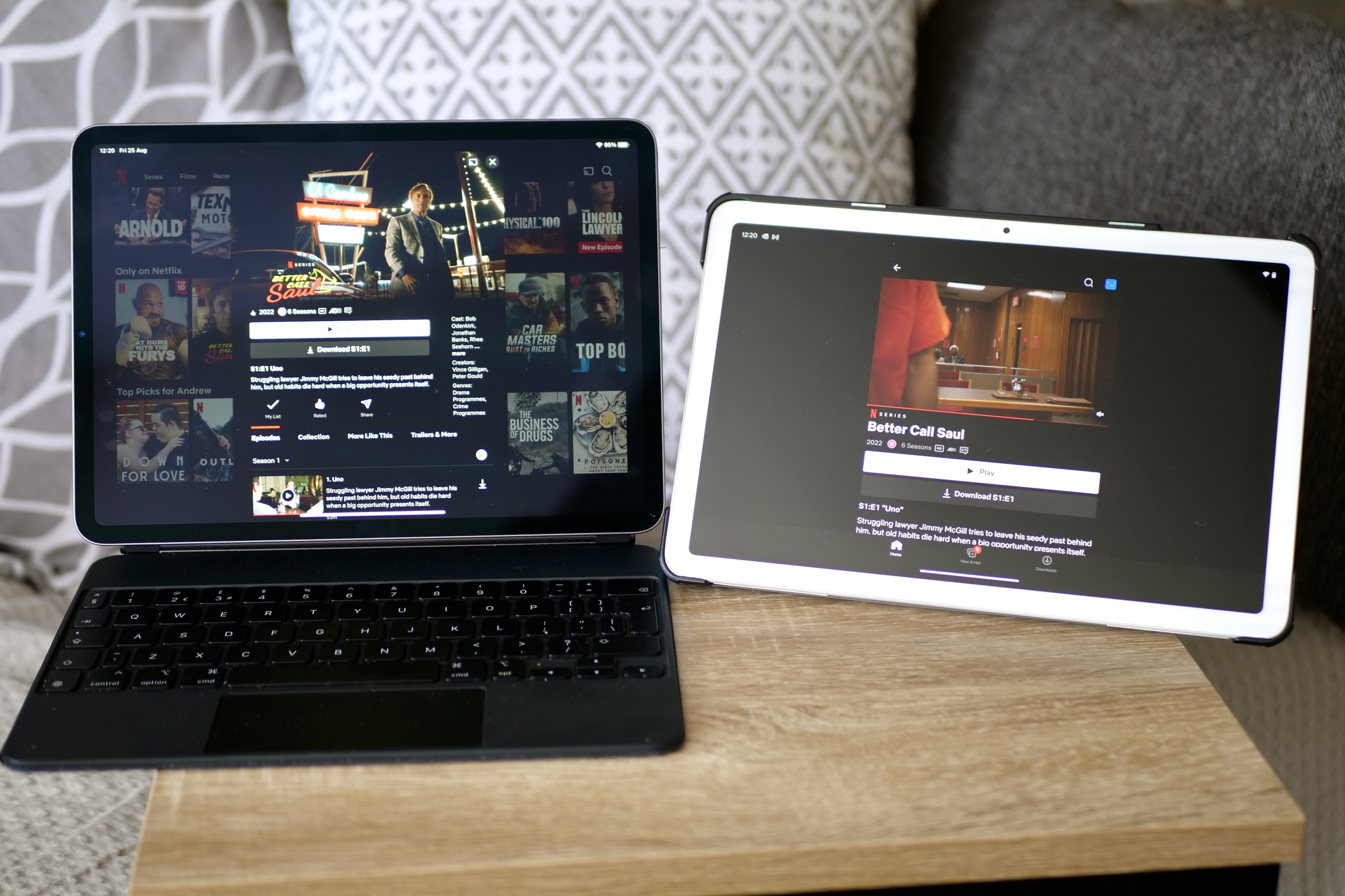 Netflix running on an iPad Pro and the Pixel Tablet.