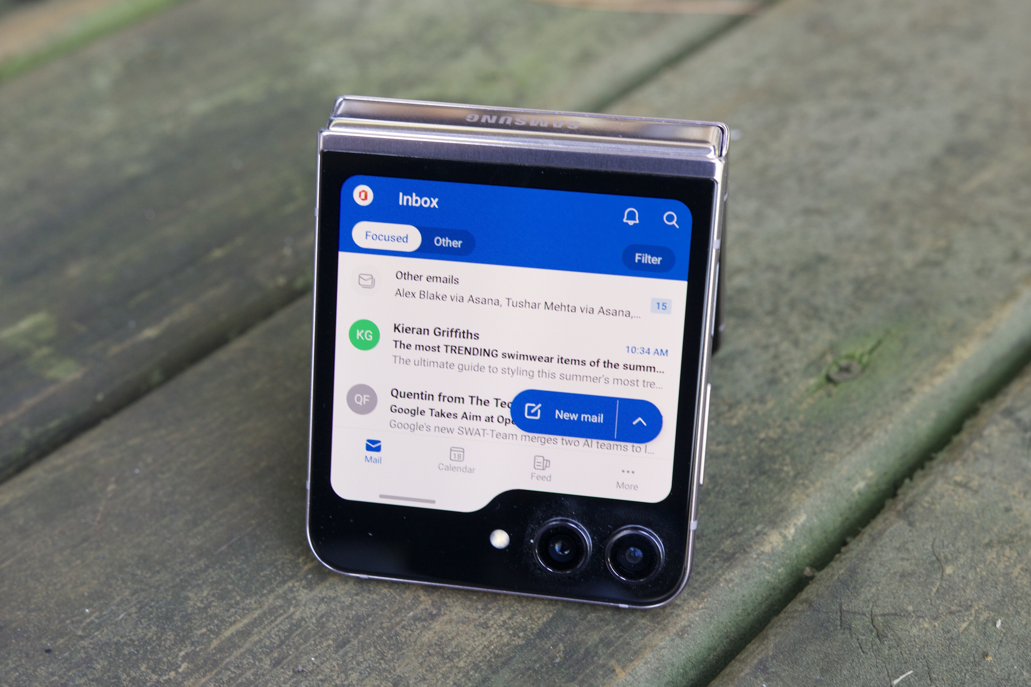 Outlook running on the Samsung Galaxy Z Flip 5 cover screen.