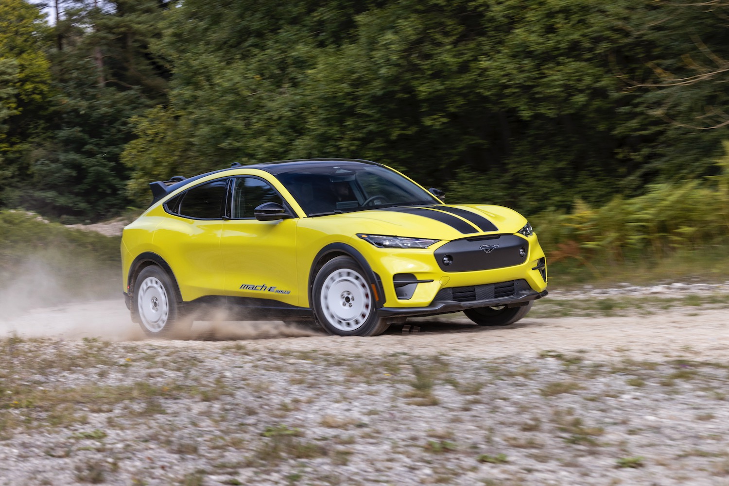 Ford Mustang Mach-E Rally driving on a dirt road.