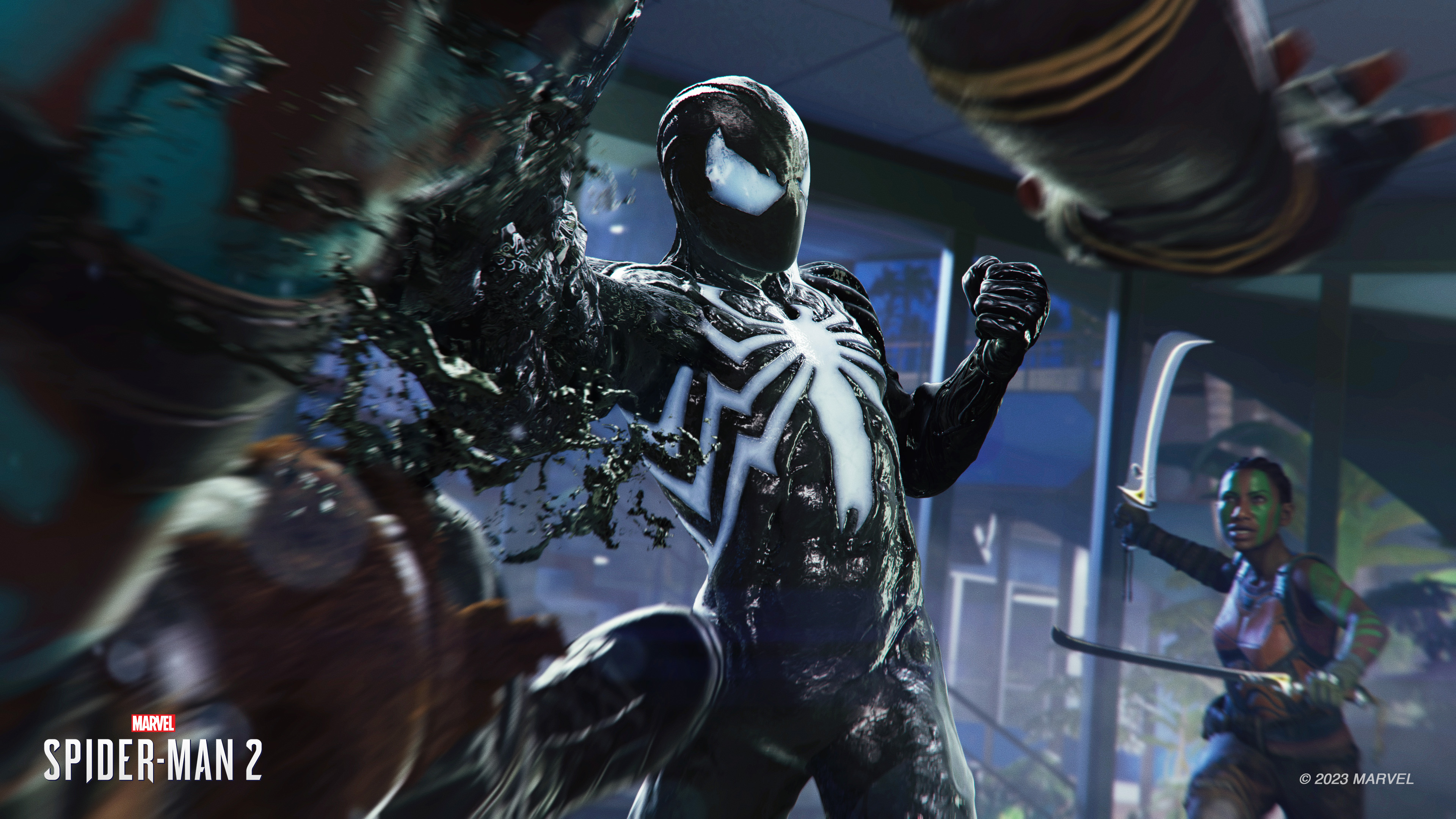 Peter attacks enemies with the Symbiote Suit in Marvel's Spider-Man 2.