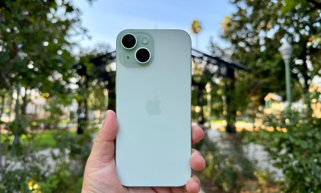 Holding a green iPhone 15 in a rose garden.