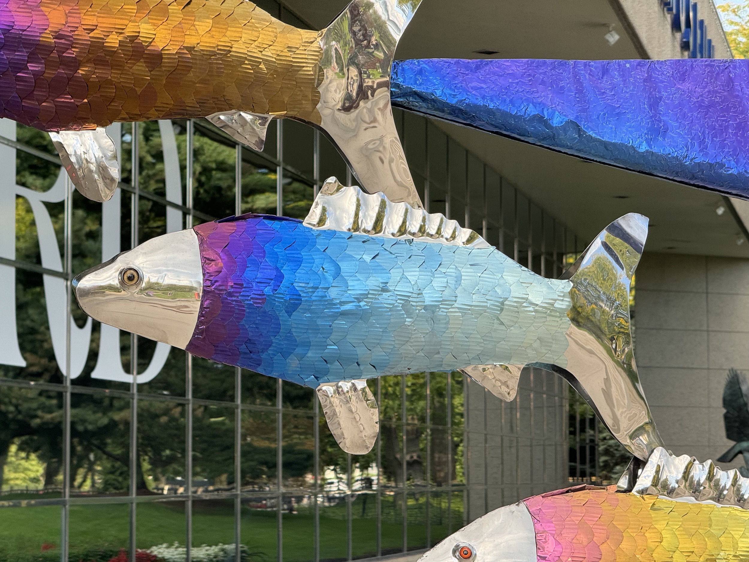 Photo from the iPhone 15 Pro Max telephoto camera of a colorful metal fish.