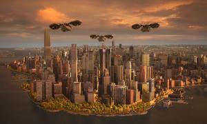 A fleet of drones flying towards new york.