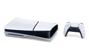 The slimmer PS5 console laying on its side.