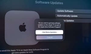 Apple TV beta software options as seen on a TV.
