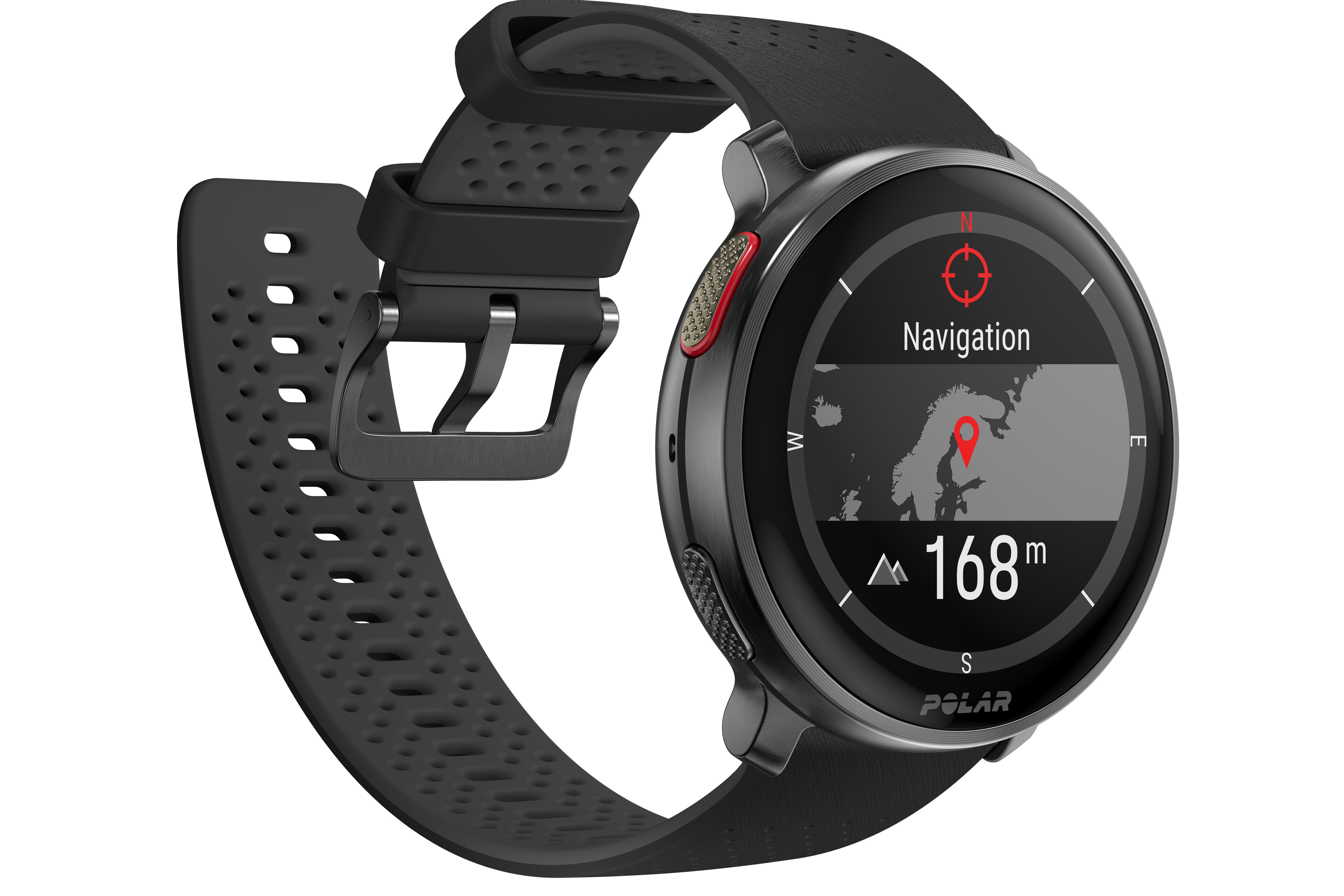 A Polar Vantage V3 in black showing navigation screen.