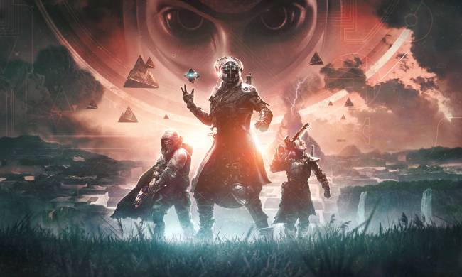 Key art for Destiny 2: The Final Shape. It shows three characters standing in front of an orange sky.