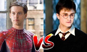 Tobey Maguire as Spider-Man and Daniel Radcliffe as Harry Potter.