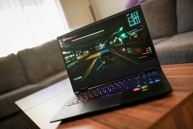 The HP Omen 16 gaming laptop on a desk.