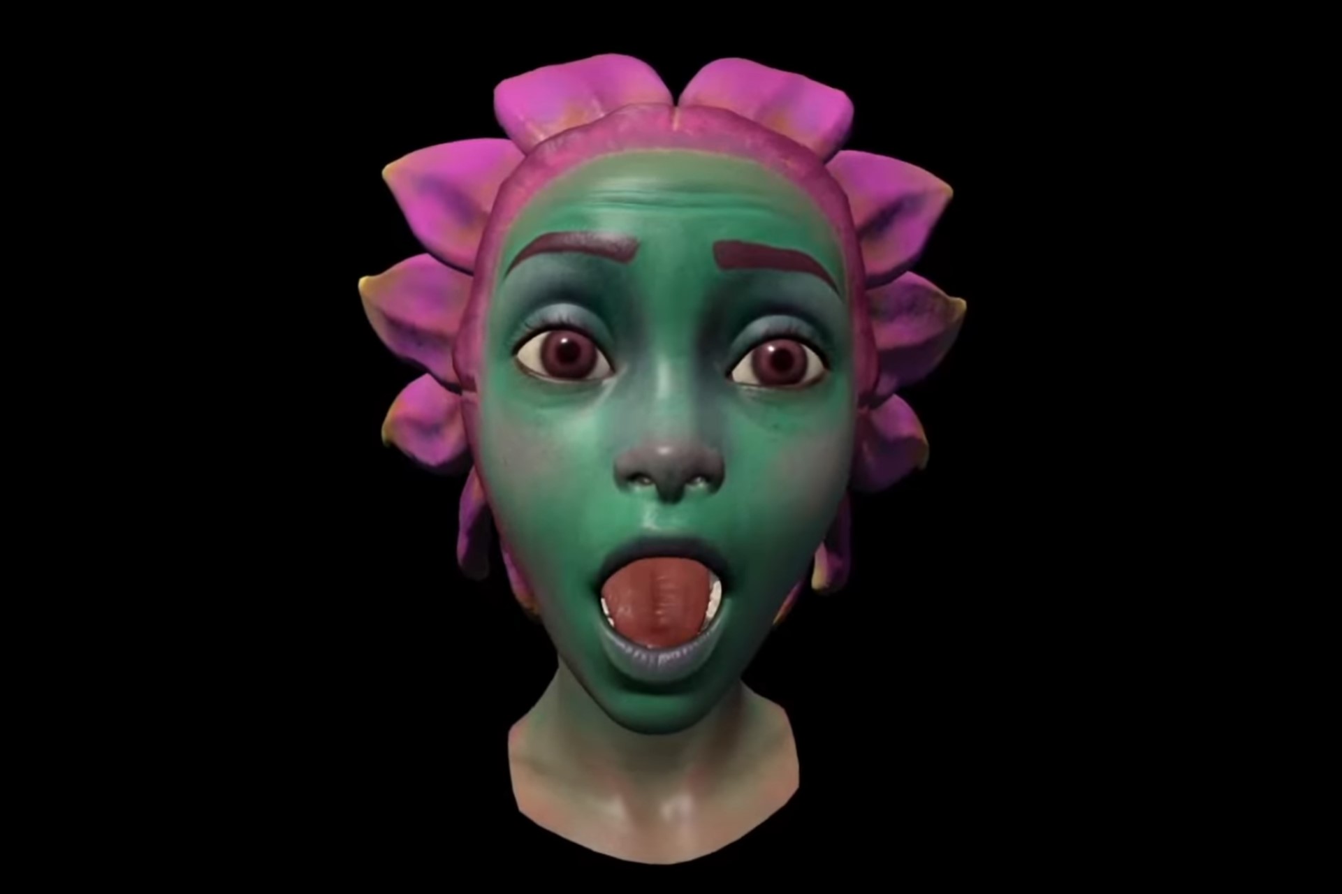 Meta Quest Pro face-tracking demo shows a green-skinned flower person with surprised expression.