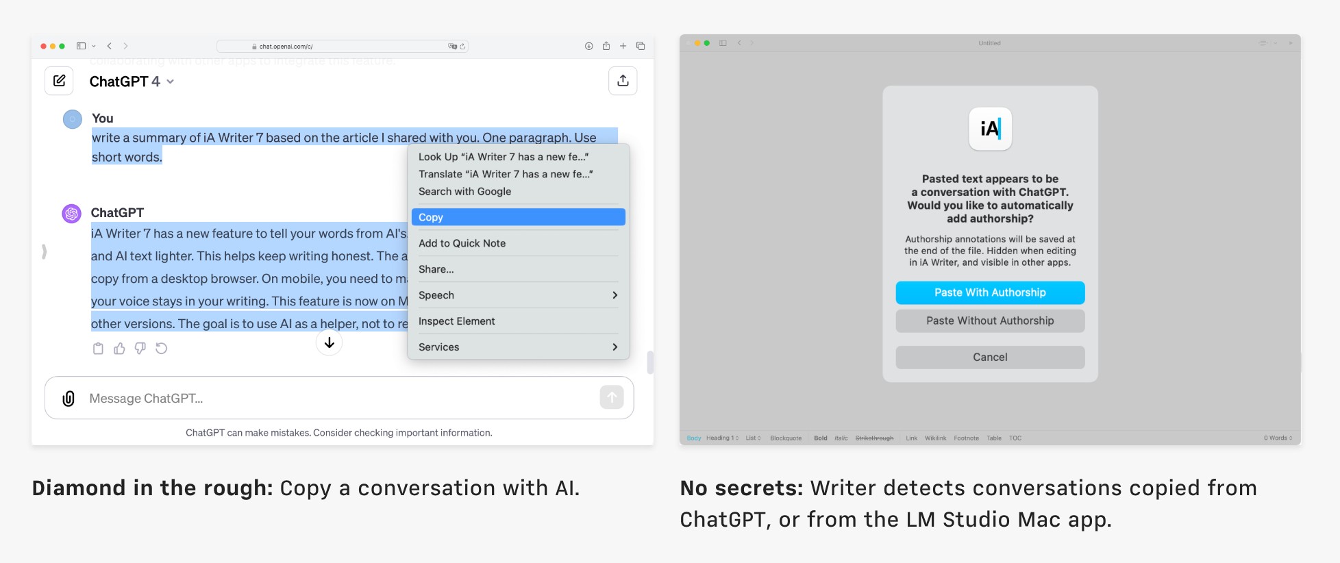 Two screenshots of the AI feature being used in iA Writer.