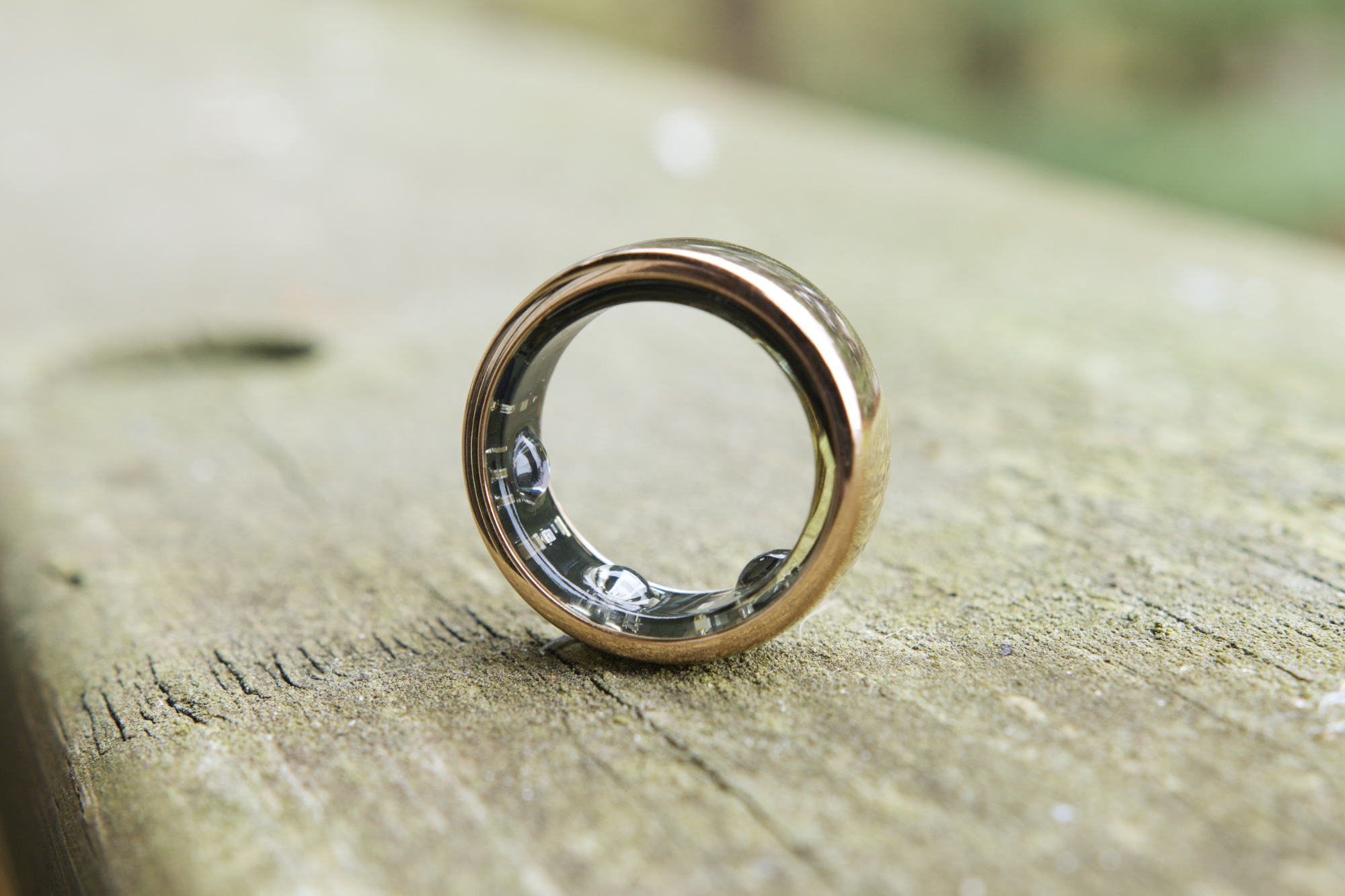 Oura Ring Horizon sitting upright on a wood railing.