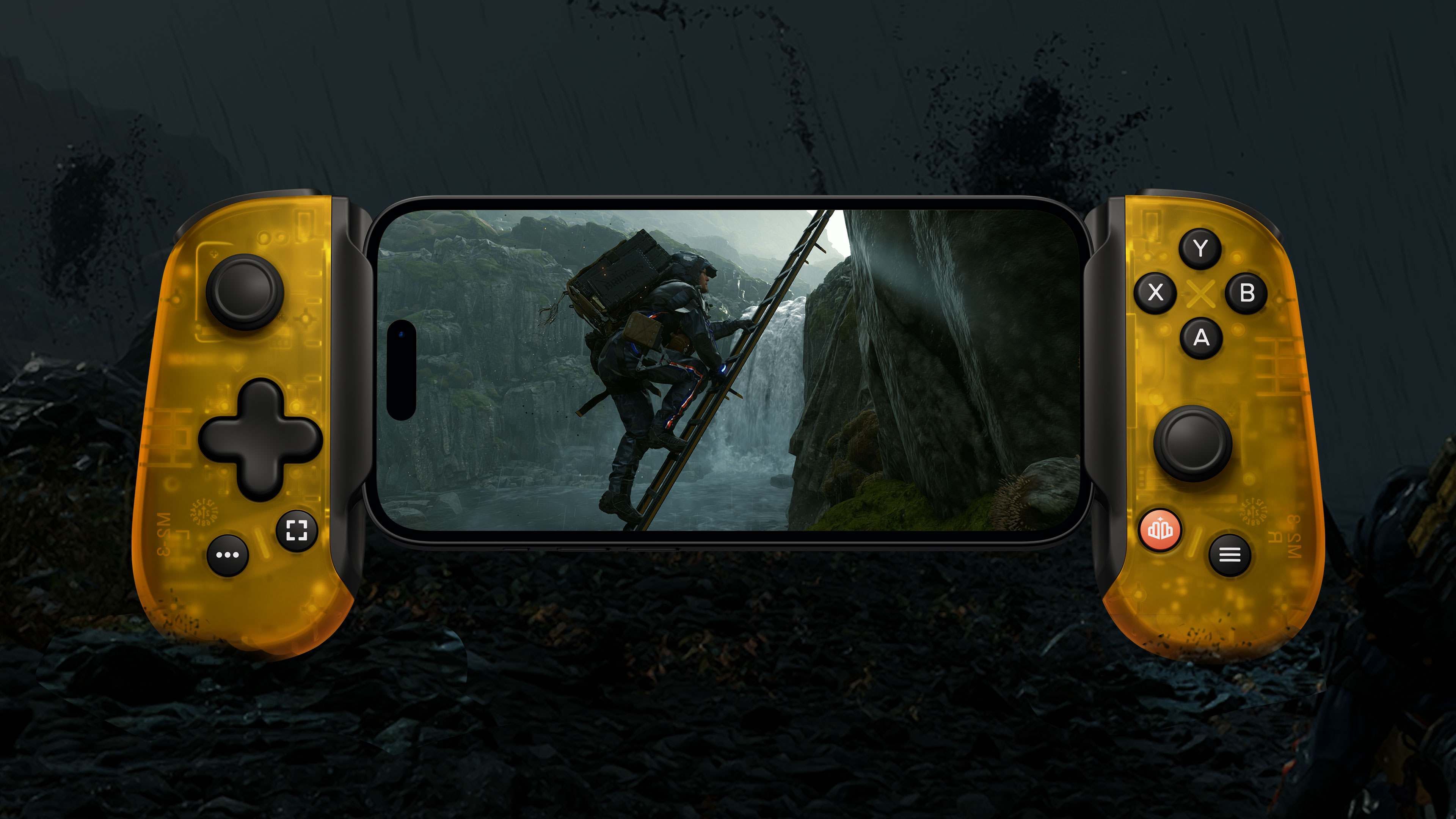 Sam Porter Bridges climbs a ladder in Death Stranding for iOS played on a limited edition Death Stranding Backbone One.