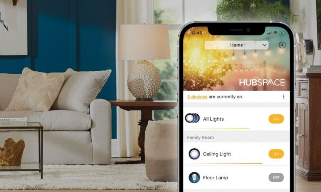 The Hubspace app shown in front of a living room.