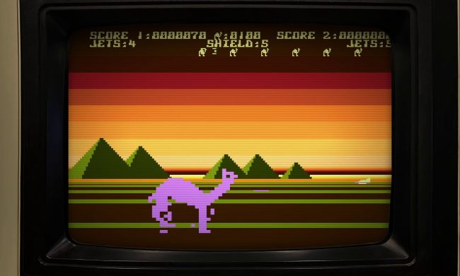 A ship takes aim at a camel in Attack of the Mutant Camels.