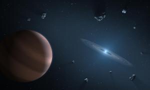 Illustration of a cloudy exoplanet and a disk of debris orbiting a white dwarf star.