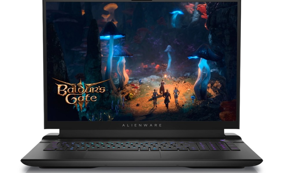 The Alienware m18 R2 gaming laptop with Baldur's Gate 3 on the screen.