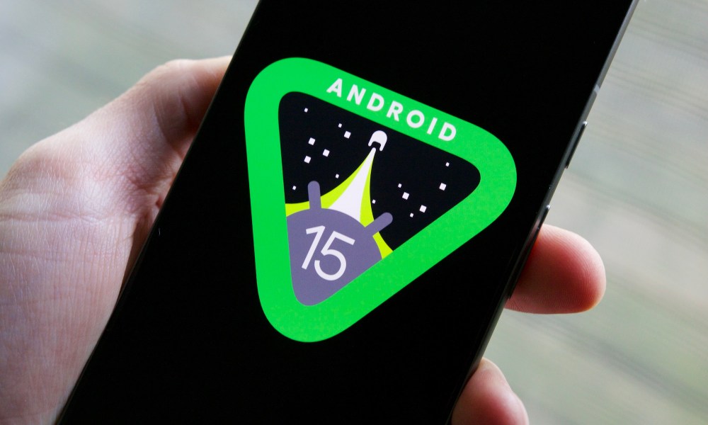 Android 15 logo on a Google Pixel 8.