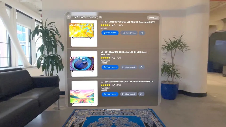 Screenshots from Best Buy's new shopping app for the Vision Pro.