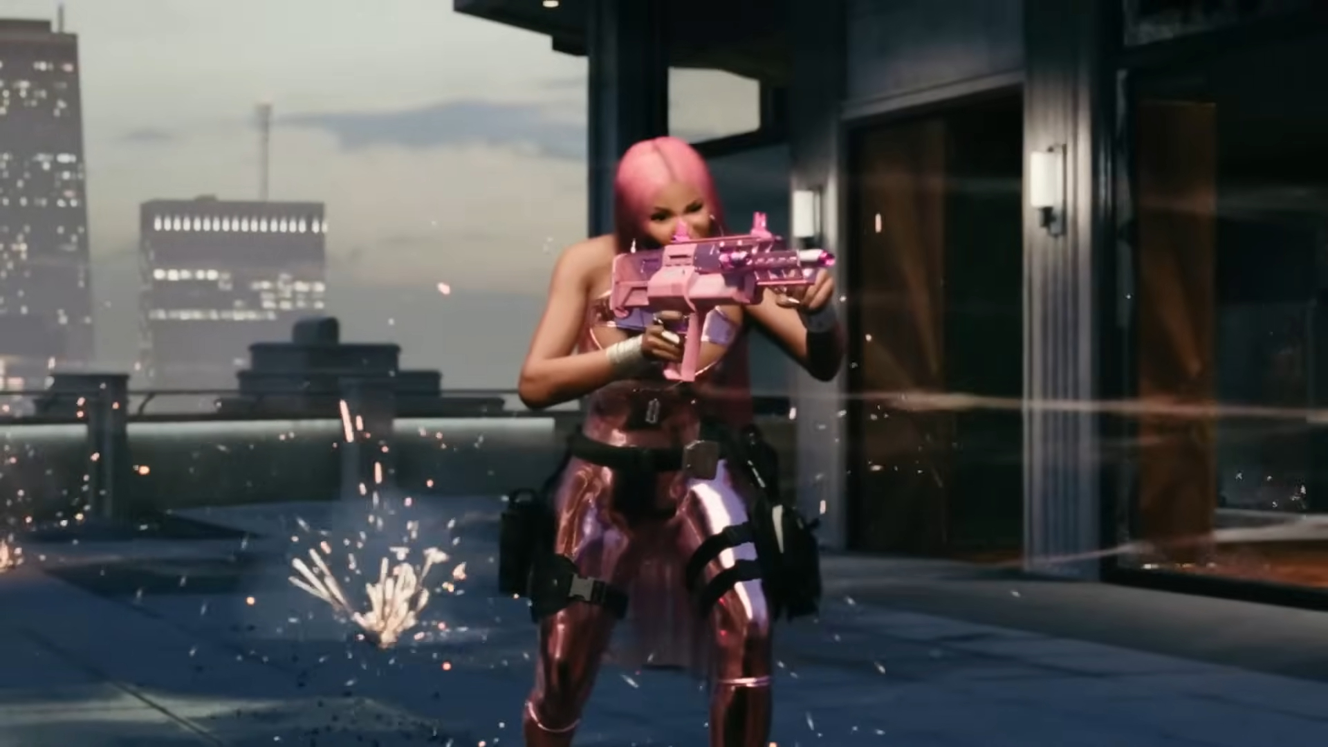 Nicki Minaj shooting an assault rifle in Call of Duty.