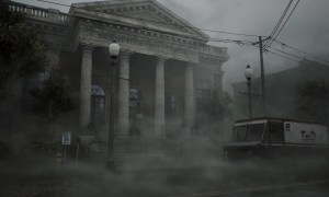 The Silent Hill post office shrouded in fog.