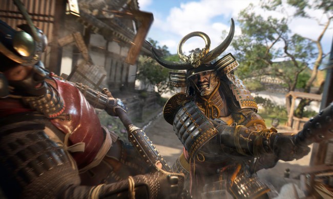 Yasuke in Assassin's Creed Shadows fighting an enemy. He's dressed in his samurai armor.