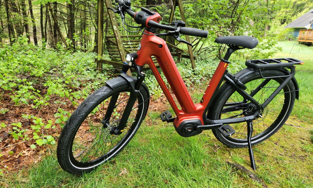 Gazelle Eclipse e-bike left profile view parked on grass with trees and an old swing in the background.