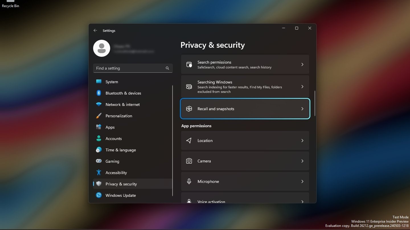 Privacy and security page in Windows 11 settings showing Recall and snapshots AI option.