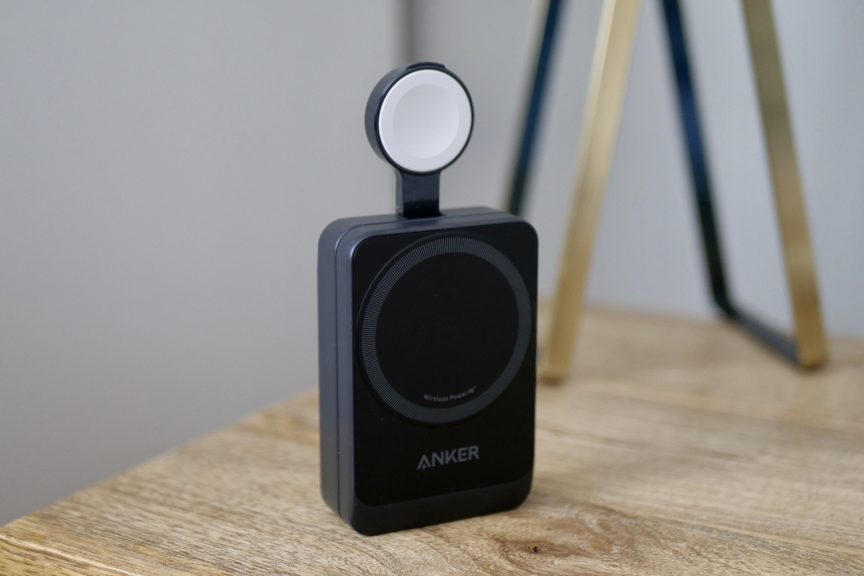 The Apple Watch charging puck on the Anker MagGo Wireless Charging Station.