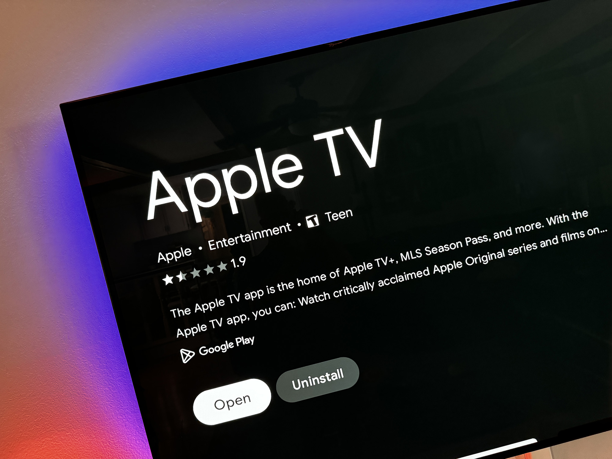 The Apple TV app listing in Google Play.