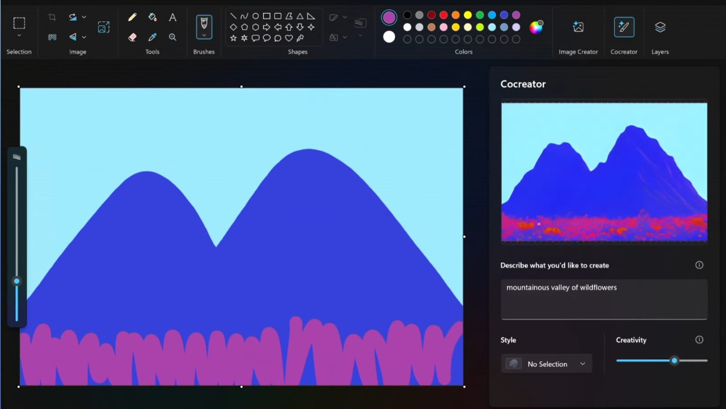 Cocreator tool in Window Paint app creating an image from mountains.