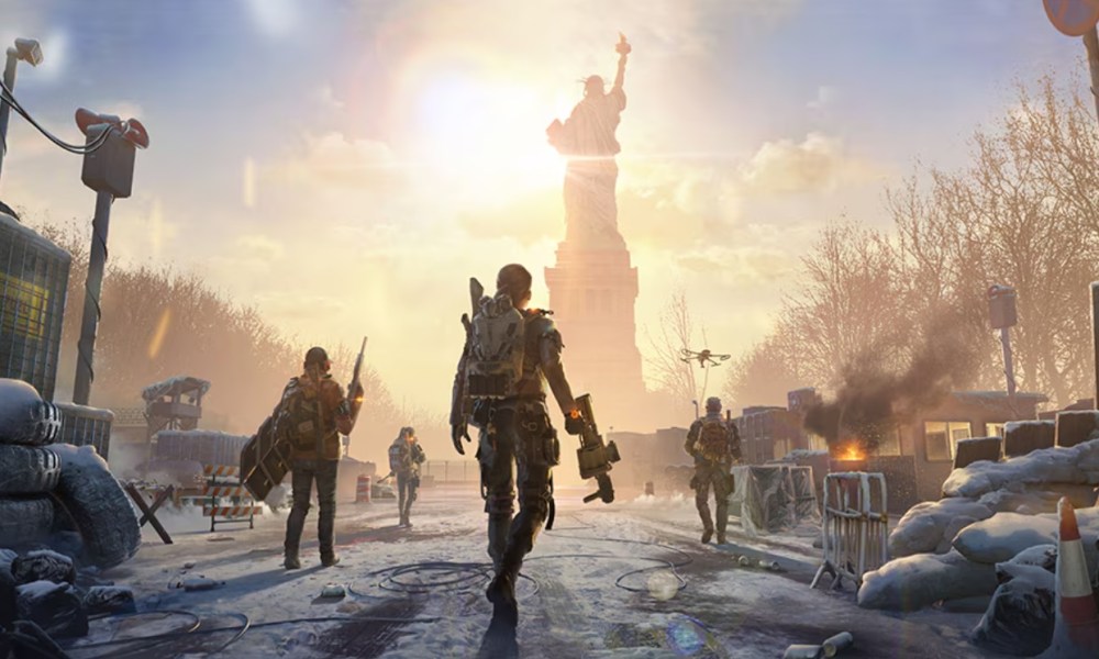 Four people in military gear walking through the snowy, abandoned streets of New York