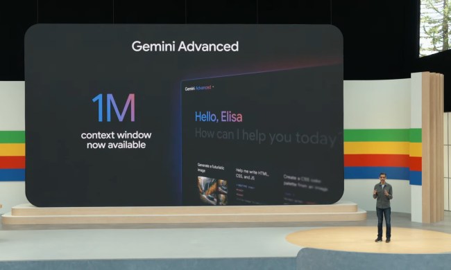 A screenshot from the Google I/O livestream with a slide on the screen about Gemini.