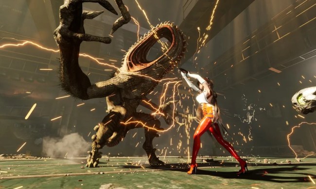 Eve fighting a large boss, with sparks flying around them. She's in the new NeuroLink Suit, which has tight red pants and a white top.