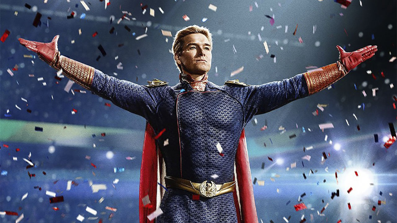 Homelander with his arms outstretched, confetti flying all around him in a scene from The Boys.