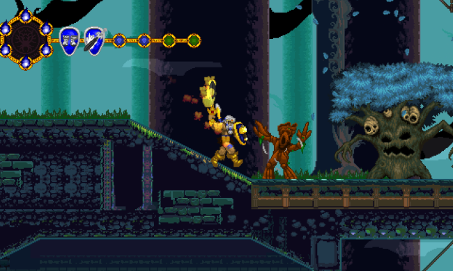 A viking slashes a tree in Volgarr the Viking 2.